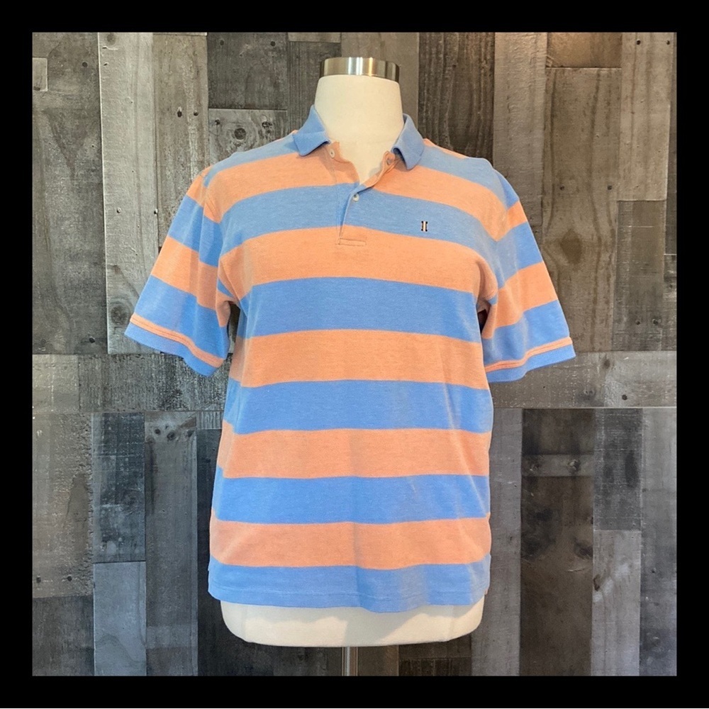 Men’s IZOD striped polo shirt small blue orange pastel preppy sporty golf summer